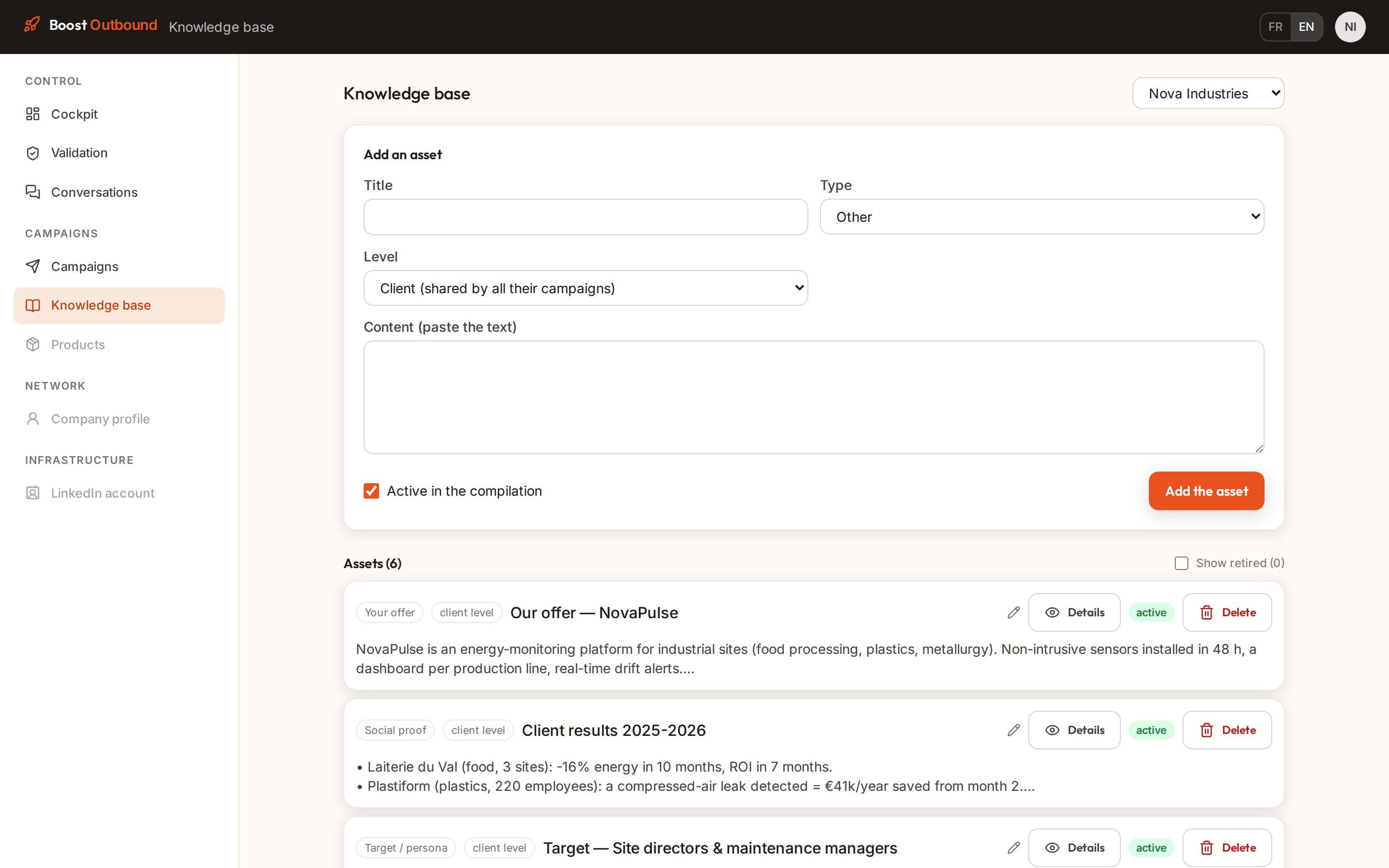 Boost Outbound : base de connaissance avec l'offre, les preuves et la cible qui nourrissent l'IA