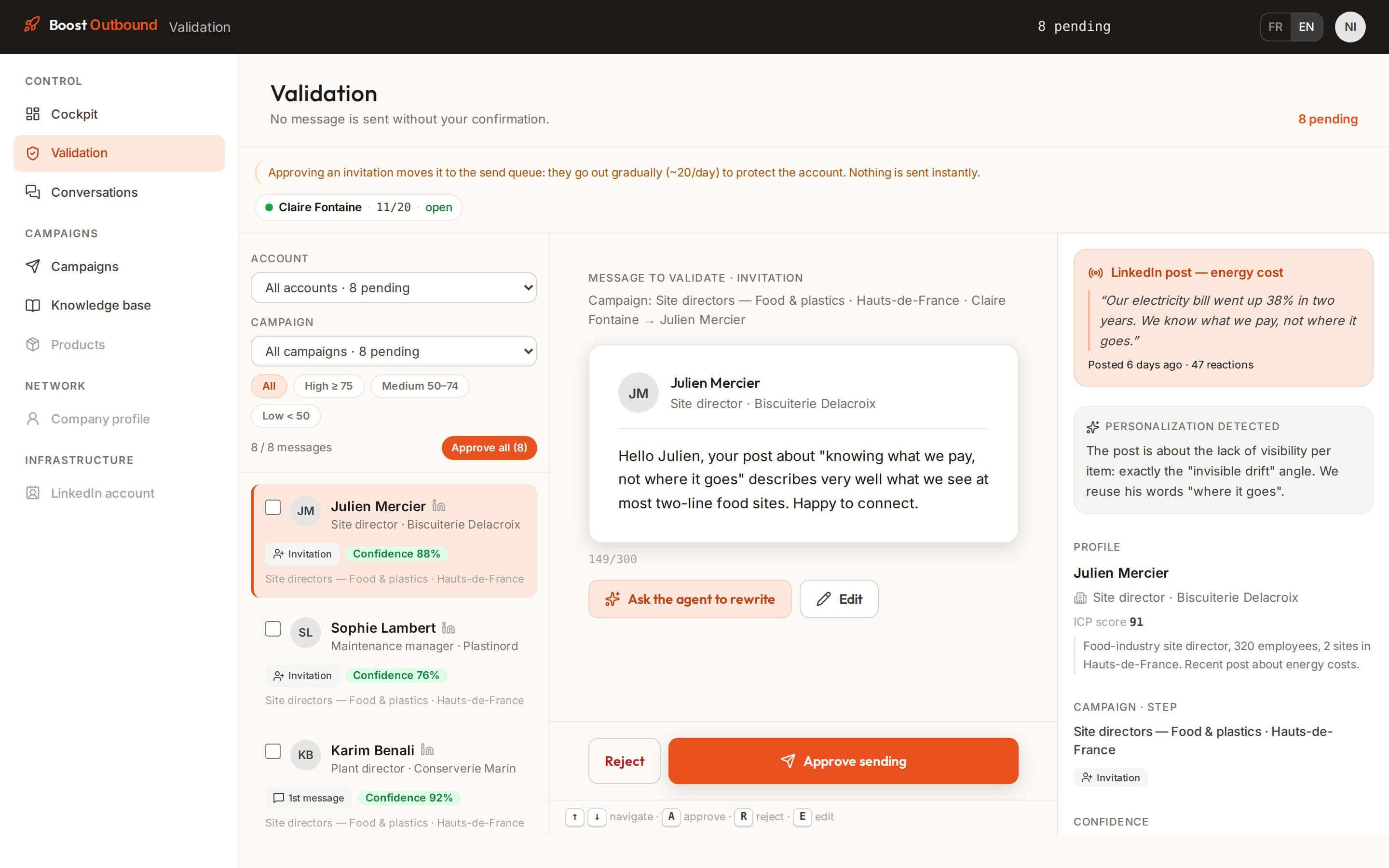 Boost Outbound : file de validation, chaque message attend votre accord